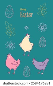 Cute easter postcard with hen, eggs and florals in pastel colours.