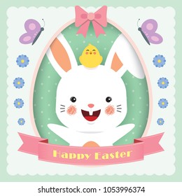 Cute easter rabbit with baby chicken, butterfly and flowers on green egg shape diecut background. Easter greeting card template design.
