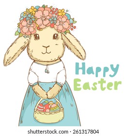 Cute easter rabbit with basket of colorful eggs, floral wreath, vector illustration isolated on white background