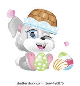 Cute Easter rabbit with basket on head kawaii cartoon vector character. Adorable and funny animal winking isolated sticker, patch. Anime baby bunny playing with Pascha eggs emoji on white background