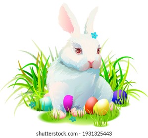 Cute easter rabbit bunny sits on green grass and painted eggs Easter symbol. Vector cartoon illustration isolated on white