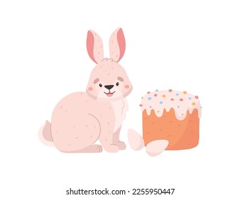 Cute Easter rabbit or bunny with traditional holiday cake, flat cartoon vector illustration isolated on white background. Bunny character for Easter design.