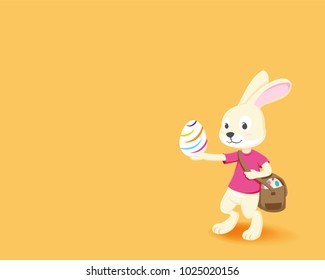Cute easter rabbit cartoon character holding easter egg, with copy space