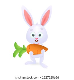 Cute Easter rabbit. Cartoon rabbit holding big carrot. Can be used for topics like Easter, festival, decoration