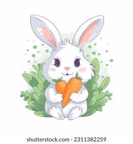 Cute Easter rabbit. Cartoon rabbit holding big carrot. Can be used for topics like Easter, festival, decoration