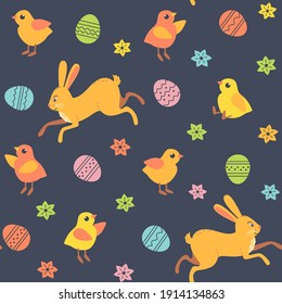 Conejo Cute de Pascua, Patrón vectorial sin costura de estacion de pollo. Graciosa ilustración de la decoración de dibujos animados de la primavera de Bunny Bunny. Diseño de feliz Pascua para fondo de fondo de pared, diseño de impresión para niños de banderas