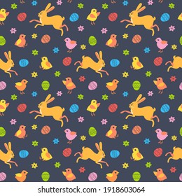 Cute Easter Rabbit, Chicken Seasonal Decorative seamless vector pattern. Funny Bunny spring holiday cartoon decor illustration. Happy Easter design background for wallpaper, banner kids print design