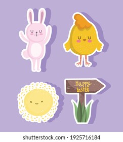 cute easter, rabbit chicken and sun, icons set vector illustration
