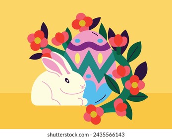 Cute Easter rabbit with colorful egg and flowers on yellow background