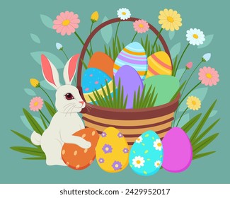 Cute Easter rabbit with colorful eggs vector illustration. Basket with Easter eggs and  spring flowers on background. Easter, decoration, new life concept