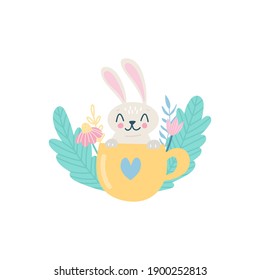 Cute Easter rabbit in cup with flowers and herbs. Vector illustration isolated on white background