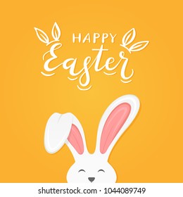 Cute Easter rabbit with ears and lettering Happy Easter on orange background, illustration.