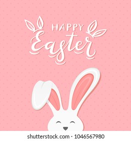 Cute Easter rabbit with ears and lettering Happy Easter on pink background, illustration.