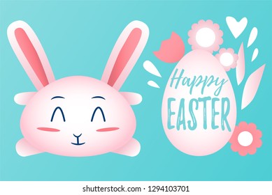   Cute Easter rabbit with ears and lettering Happy Easter on pink background  greeting card. Vector illustration
