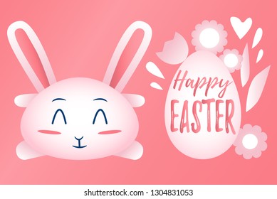 Cute Easter rabbit with ears and lettering Happy Easter on pink background  greeting card. Vector illustration