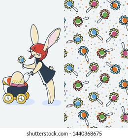 Cute easter rabbit with egg. Cartoon hand drawn vector seamless illustration. Nice for t-shirt print, kids wear fashion design, clip-art, baby shower invitation cards