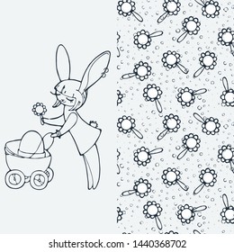 Cute easter rabbit with egg. Cartoon hand drawn vector seamless illustration. Nice for t-shirt print, kids wear fashion design, clip-art, baby shower invitation cards