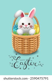 Cute Easter rabbit egg with ears and face in a basket, on a blue background.
