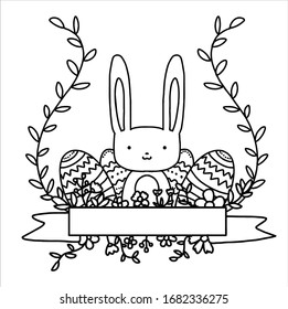 cute easter rabbit with egg hand drawn outline doodle. flower decoration. vector sketch illustration for print, greeting card, mobile, instagram post, facebook, banner on white background.