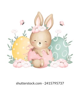 Cute Easter Rabbit and Easter Eggs at Garden with Flowers and Butterflies