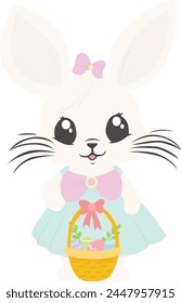 Cute easter rabbit girl with basket. Easter bunny rabbits and pastel Easter eggs. PrintVector illustration with cute rabbit girl for greeting card, invitation, t-shirt design.