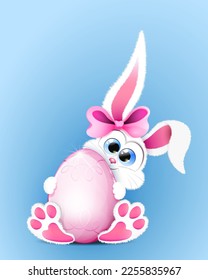 Cute Easter rabbit girl with bow holding pink colored egg decorated with ornament 