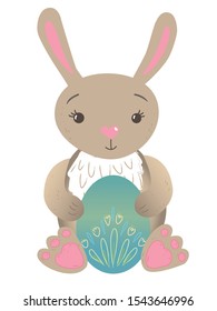 Cute easter rabbit holding egg. Greeting card. Illustration for kids books and postcards. Digital drawn.
