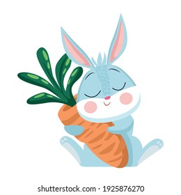 cute easter rabbit hugging carrot character vector illustration design