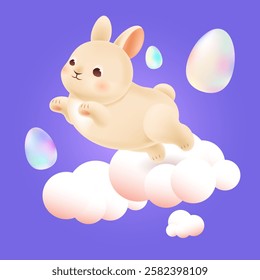 Cute Easter rabbit jumping from a cloud. Decorative pearl Easter eggs float in the clouds. Design composition for traditional hunting celebration card. Symbol of spring holiday. Vector illustration