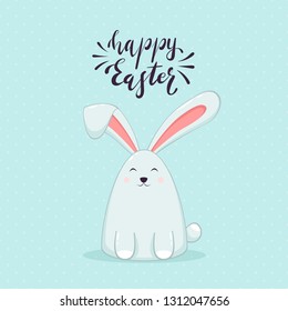 Cute Easter rabbit and lettering Happy Easter on blue background, illustration.