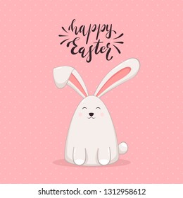 Cute Easter rabbit and lettering Happy Easter. Cartoon bunny on pink holiday background, illustration.