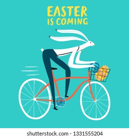 Cute Easter rabbit on city bicycle with gift egg in a basket. Easter is comming title. Cartoon illustration for your design.