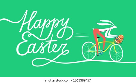 Cute Easter rabbit on city bicycle with gift egg in a basket. Happy Easter callography title. Cartoon banner for your design.