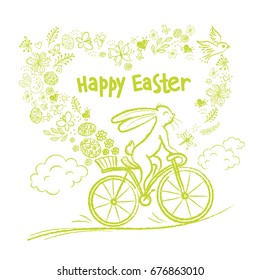 Cute Easter rabbit on city bicycle with gift egg in basket. Vector illustration