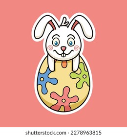 Cute Easter Rabbit On Easter Egg In Sticker Style Premium Vector Graphic Asset