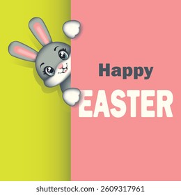 Cute Easter rabbit on pink green background. Easter rabbit. Symbol of Easter. Vector children's illustration.	