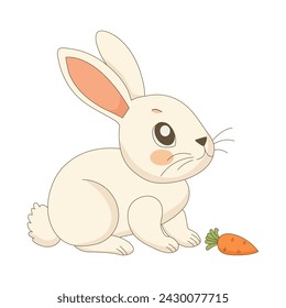Cute easter rabbit with orange carrot sitting isolated on white backdrop.