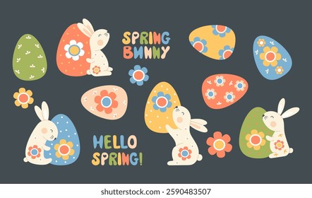 Cute Easter Rabbit with Paschal Egg. Adorable Spring Holiday set. Isolated floral Bunny Animal, lettering for festive design, invitation, postcard, banner, poster. Vector illustration in flat style 