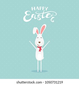 Cute Easter rabbit with scarf and lettering Happy Easter on blue background, illustration.