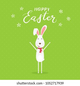 Cute Easter rabbit with scarf and lettering Happy Easter on green background, illustration.