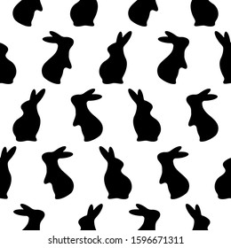 Cute Easter Rabbit Seamless Pattern isolated on white. Funny Bunnies Silhouette in different positions. Black wild Hare. Baby party greeting frame, border. Textile, t shirt print. Vector Flat style