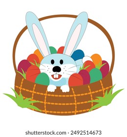 Cute Easter rabbit sitting in a basket full of colorful Easter eggs Vector illustration Easter logo sticker 