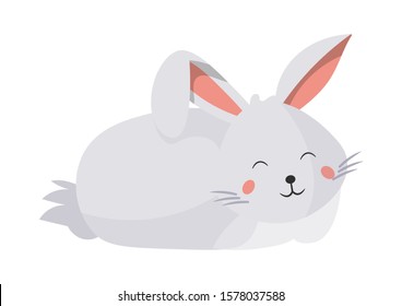 Cute easter rabbit sleeping on white. Funny bunny falling asleep. Kawaii cartoon wild animal character. Trendy spring holiday design template. Card, posters hare present. Vector flat illustration