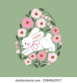 Cute Easter rabbit with spring flowers. Hand drawn white bunny illustration on floral background. Perfect for tee shirt logo, greeting card, poster or nursery print design. EPS 10 vector file.