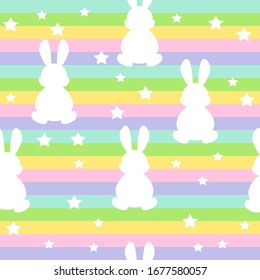 Cute Easter Rabbit And Stars Seamless Pattern With Rainbow Stripes Background