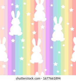 Cute easter rabbit and stars seamless pattern with rainbow stripes background