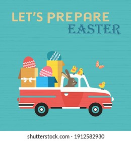 Cute Easter Rabbit in Truck with Gifts vector. Funny Easter Bunny, Eggs, Chickens cartoon illustration. Spring holiday decorative greeting background. Festive seasonal celebration flat design template