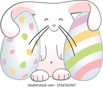 Cute easter rabbit with two eggs. Vector art.