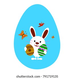 Cute Easter Rabbit with Two Painted Eggs in Egg Frame Isolated on White Background. Vector Illustration Flat Design