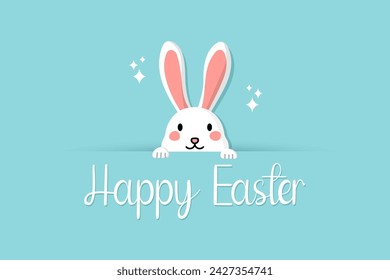 Cute Easter Rabbit Vector Background With Happy Easter Lettering.